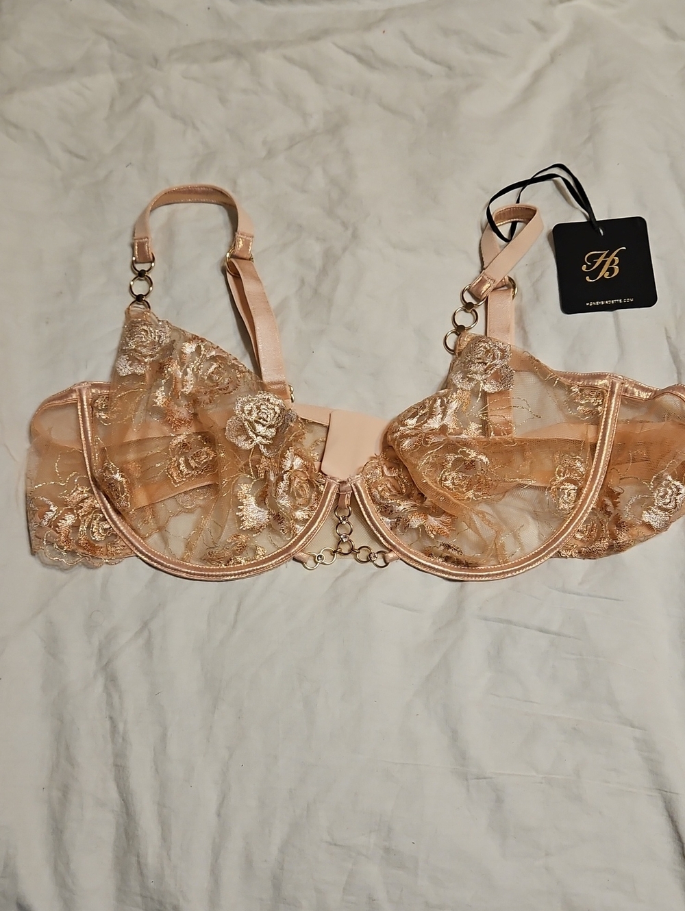 Honey Birdette Nouvel Sheer Embroidered Balconette Bra in Champagne Sz 40dd